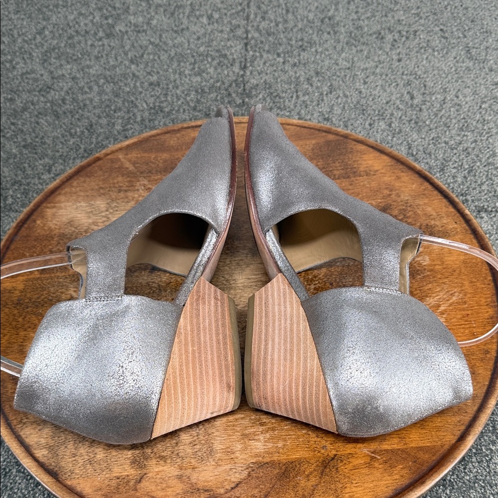 Eileen Fisher Sandals Wm 9.5 Iris Metallic Silver Leather Block Heel Pewter - Picture 6 of 14